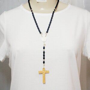 Unisex Everyday Black White Urban Grunge Gold Cross Plastic Rosary Beads